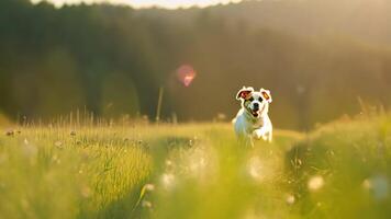 Dog standing in a field under soft sunlight with a blurred natural background. Nature and animal concept. video