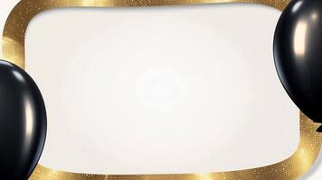 Golden rectangular frame with black balloons on a white background. Elegant festive design for invitations and cards. video