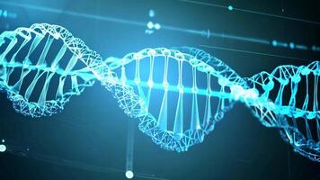 Digital 3D DNA helix with glowing blue lines on a dark background. Science and genetics concept. video