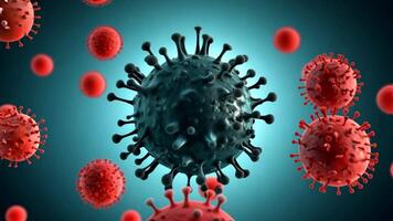 Microscopic view of a red and blue virus particle with spikes on a black background. Medical and scientific concept. video