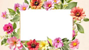 Floral rectangular frame with vibrant pink, red, and yellow flowers on a white background. Elegant design for greeting cards and invitations. video