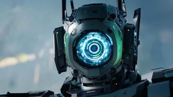 Close-up of a futuristic robot with glowing blue eyes and metallic features. Technology and AI concept. video