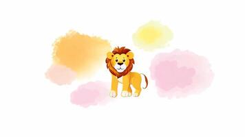 Smiling cartoon lion standing with colorful watercolor splashes on a white background video