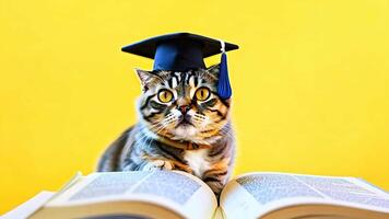 kat vervelend een diploma uitreiking pet en lezing een Open boek Aan een geel achtergrond. onderwijs en aan het leren concept. video