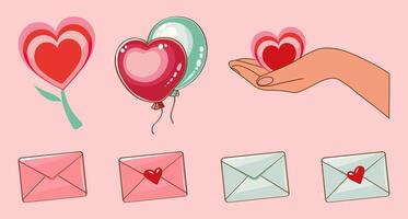 Set of valentine day icons in cartoon style. Scrapbooking elements for daily planner in valentines day, mother's day, heart on the palm, balloons, envelopes sealed with wax in the shape of heart vector