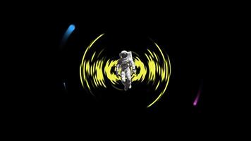 Astronaut levitating above the word MOON. Hypnotic black and white circular pattern in the background. video