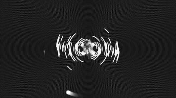 Astronaut levitating above the word MOON. Hypnotic black and white circular pattern in the background. video