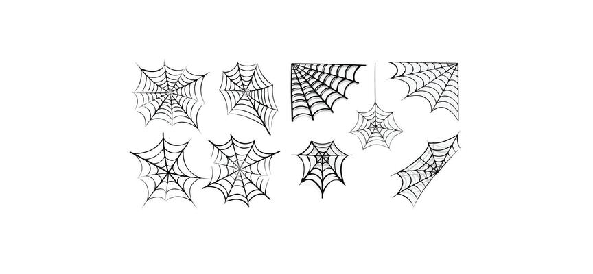 Print Spiderweb tracery varieties set. Sticky black mesh pattern with halloween party ornament.