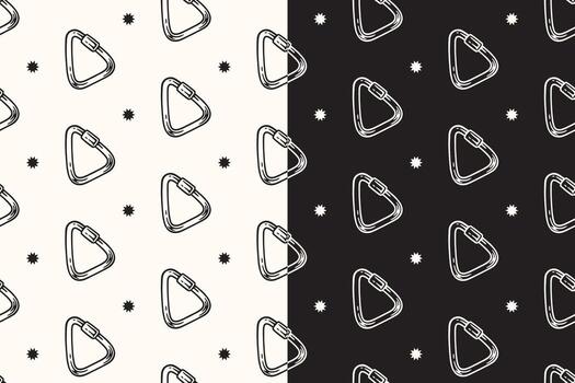 garabatear mosquetón triángulo forma sin costura modelo en negro blanco antecedentes para aventuras mercancías. retro tornillo bloquear mosquetón modelo antecedentes. modelo de alpinismo mosquetón antecedentes vector