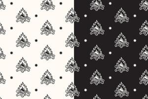 doodle bonfire with wood seamless pattern on black white background for camping adventure merchandise. retro campfire with timber pattern background. pattern of bonfire, campfire background vector