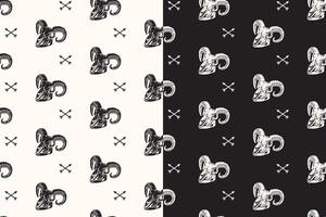 old goat skull bone seamless pattern on black white background for adventure merchandise. retro curved horns with skull pattern background. pattern of animal skull with big horn background vector