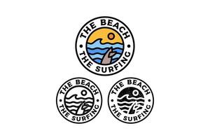 sea wave with surf board and sunset circle badge illustration template graphic design collection with colorful, filled and line art style for adventure and outdoors merchandise and other uses. vector