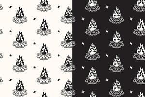 291224-08doodle campfire with wood seamless pattern on black white background for camping adventure merchandise. retro bonfire with rimber pattern background. pattern of campfire, bonfire background vector