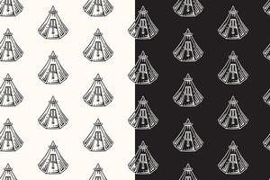 doodle ridge tent seamless pattern on black white background for camping adventure merchandise. retro camping tent pattern background. pattern of outdoor camping tent background vector
