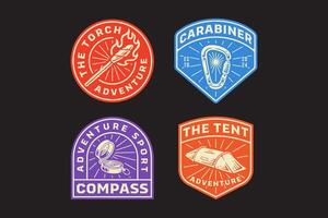 torch, tunnel camping tent, aiming compass, carabiner D shape, flambeau, navigation retro badge logo design collection set for adventure, explorer, mountaineer, hiker and climber vector