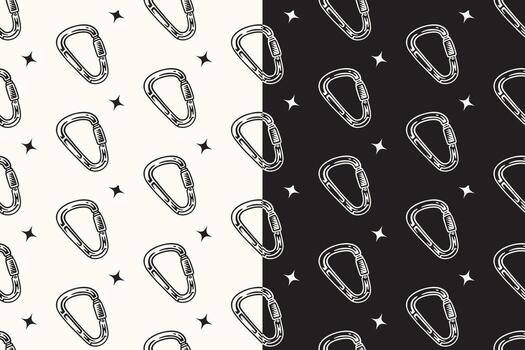 doodle carabiner pear shape seamless pattern on black white background for adventure merchandise. retro screw lock carabiner pattern background. pattern of climbing carabiner background vector