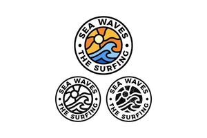 big sea wave with sunset circle badge illustration template graphic design collection with colorful, filled and line art style for adventure and outdoors merchandise and other uses. vector
