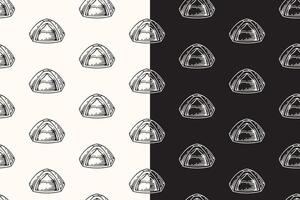 doodle quick pitch tent seamless pattern on black white background for camping adventure merchandise. retro outdoor tourist tent pattern background. pattern of campsite tent background vector