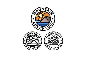 mountains with ocean and sun burst circle badge illustration template graphic design collection with colorful, filled and line art style for adventure and outdoors merchandise and other uses. vector