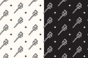 doodle torch with fire seamless pattern on black white background for camping adventure merchandise. retro flam beau with flame pattern background. pattern of torchlight with burn background vector