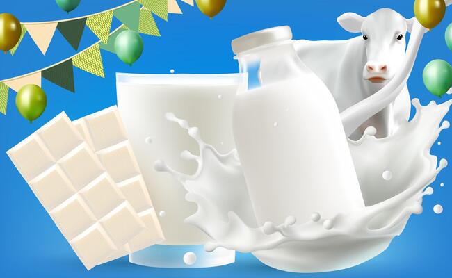 collection of dairy products in 3D style including milk, yogurt, ice cream, chocolate bar, Milk