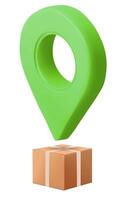 3D Cardboard delivery box with location pin. Logistics and distribution concept. Order or parcel tracking vector