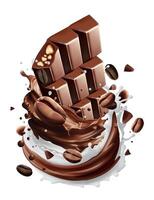 Milk splashing Chocolate liquid and Chocolate bar splashing in the middle isolated on background, realistic in 3d illustration. Food concepts.Gradient vector