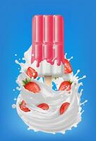 Strawberry ice cream with swirl splash on background. Realistic ice cream with ripe berries vector