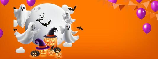 Halloween product display for presentation banner background. Spooky ghost with Jack o lantern Minimal holiday concept vector