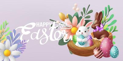 Easter poster and banner template with Easter eggs in the nest on background.Greetings and presents for Easter Day in flat lay styling.Promotion and shopping template for banner, web poster, flyer, vector