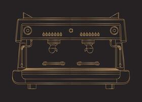 Hand drawn line drawing of a coffee maker, gold color on black background. vector