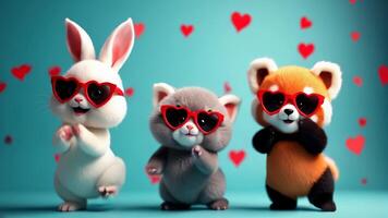 A dancing cat, bunny, and panda wearing red heart-shaped sunglasses dancing. The background features floating hearts, creating a fun, playful, and cute atmosphere video