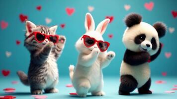 A dancing cat, bunny, and panda wearing red heart-shaped sunglasses dancing. The background features floating hearts, creating a fun, playful, and cute atmosphere video