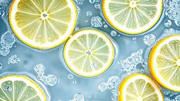 Close-up of fresh lemon slices floating in sparkling water with bubbles. The vibrant citrus contrasts with the cool blue liquid, creating a refreshing and invigorating scene video