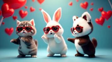 A dancing cat, bunny, and panda wearing red heart-shaped sunglasses dancing. The background features floating hearts, creating a fun, playful, and cute atmosphere video