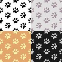 set of seamless patterns with Silhouettes of pads of the cat paws. Animal paw prints on ground. Ornament for decoration and printing on fabric. Design element. vector