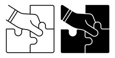 Linear icon. Man hand puts puzzle piece back in place. Making idea come true. Consistent work to achieve result. Simple black and white vector