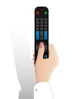 realistic female hand holds TV remote control and presses the button with her thumb. Remote control of digital devices. Realistic on white background vector