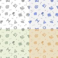 set of seamless patterns with doodle linear icons. Submarine, lifebuoy, buoy on waves, compass, map. Ornament for decoration and printing on fabric. Design element. vector