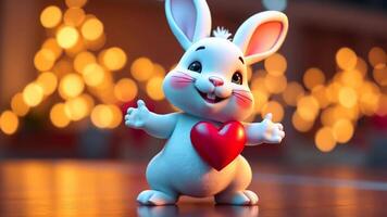 une mignonne blanc lapin en portant une brillant rouge cœur tandis que dansant sur une sol avec épars Rose pétales. le lapin est souriant et apparaît joyeux. doux lumière remplit le Contexte video