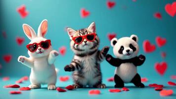 A dancing cat, bunny, and panda wearing red heart-shaped sunglasses dancing. The background features floating hearts, creating a fun, playful, and cute atmosphere video