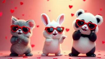 A dancing cat, bunny, and panda wearing red heart-shaped sunglasses dancing. The background features floating hearts, creating a fun, playful, and cute atmosphere video