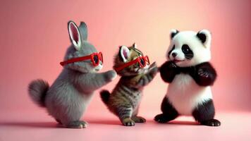 A dancing cat, bunny, and panda wearing red heart-shaped sunglasses dancing. The background features floating hearts, creating a fun, playful, and cute atmosphere video