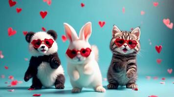 A dancing cat, bunny, and panda wearing red heart-shaped sunglasses dancing. The background features floating hearts, creating a fun, playful, and cute atmosphere video