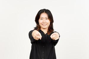 Smiling and pointing at camera of Beautiful Asian Woman Isolated On White Background photo