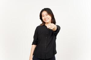 Smiling and pointing at camera of Beautiful Asian Woman Isolated On White Background photo