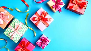 Colorful gift boxes wrapped in red, blue, and cream, each adorned with matching ribbons, are arranged on a bright blue background. video