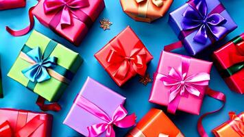 Colorful gift boxes wrapped in red, blue, and cream, each adorned with matching ribbons, are arranged on a bright blue background. video