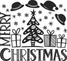 Hand drawn illustration featuring a Christmas tree adorned with stars and topped with hats, surrounded by presents and the message Merry Christmas vector