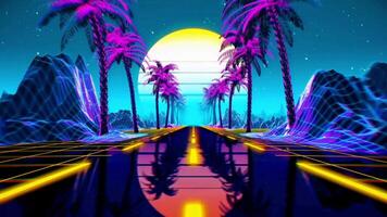 Purple-colored road traveling with palm trees and hill area visual effect transition view video